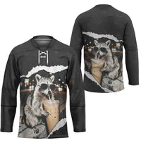 Cool Raccoon Drinking Iced Coffee Hockey Jersey Funny Animal Meme Urban Night Photography