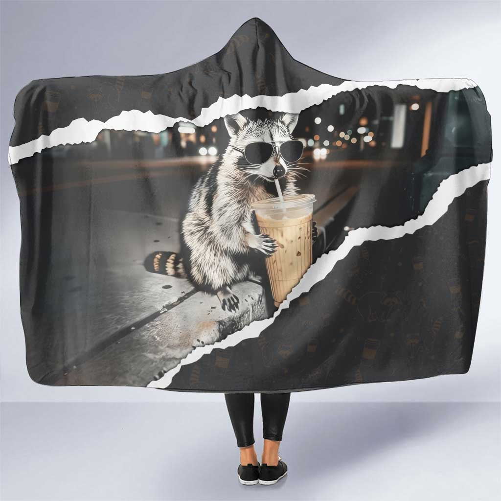Cool Raccoon Drinking Iced Coffee Hooded Blanket Funny Animal Meme Urban Night Photography