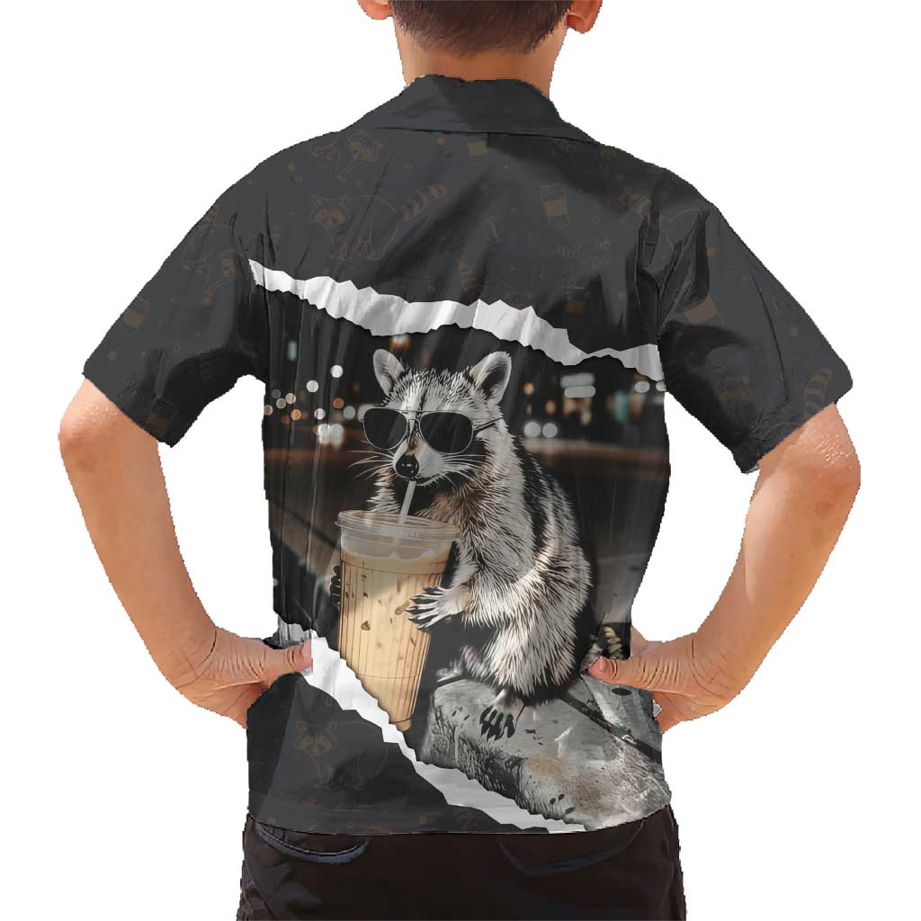 Cool Raccoon Drinking Iced Coffee Kid Hawaiian Shirt Funny Animal Meme Urban Night Photography