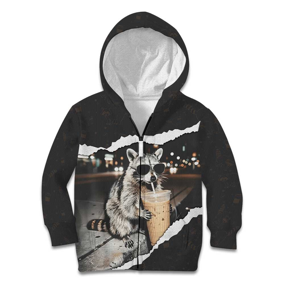 Cool Raccoon Drinking Iced Coffee Kid Hoodie Funny Animal Meme Urban Night Photography