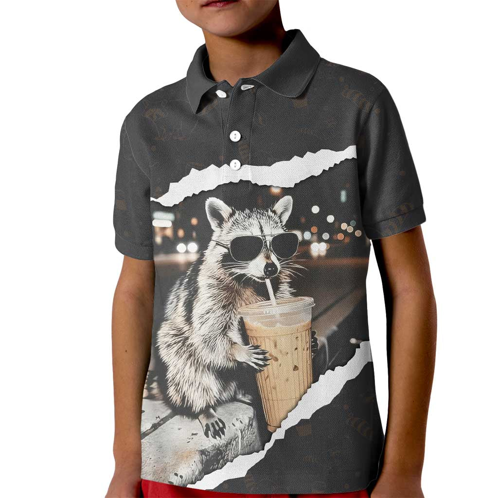 Cool Raccoon Drinking Iced Coffee Kid Polo Shirt Funny Animal Meme Urban Night Photography