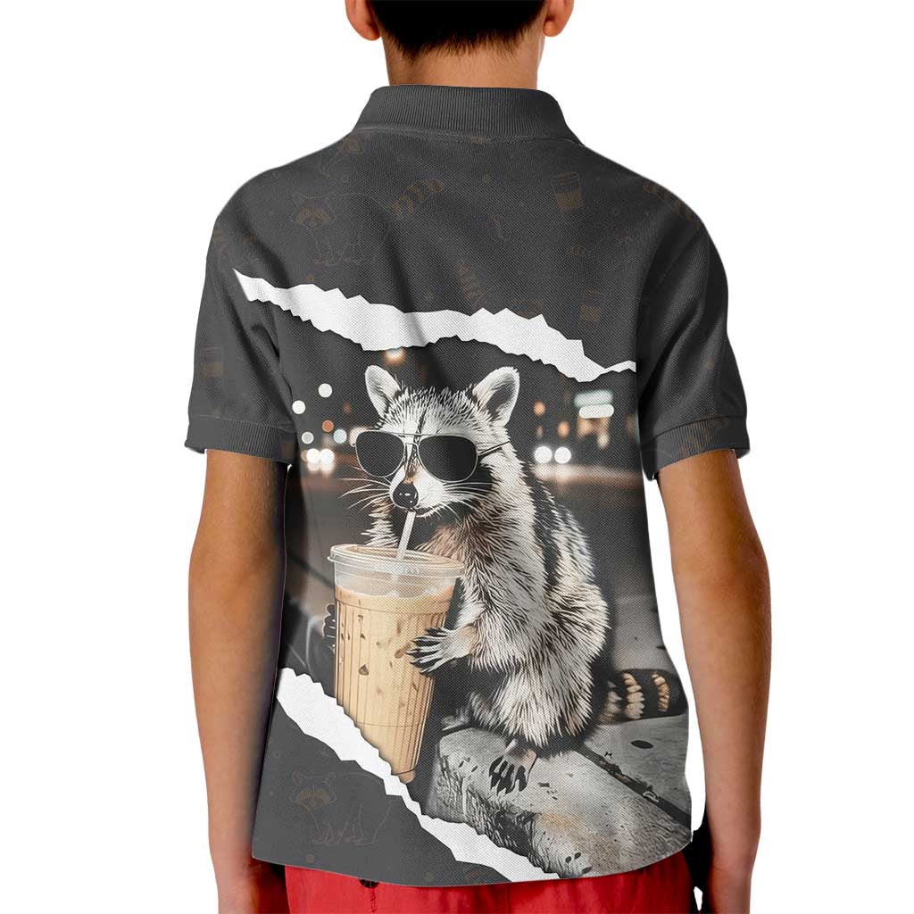 Cool Raccoon Drinking Iced Coffee Kid Polo Shirt Funny Animal Meme Urban Night Photography