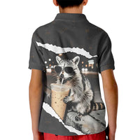 Cool Raccoon Drinking Iced Coffee Kid Polo Shirt Funny Animal Meme Urban Night Photography