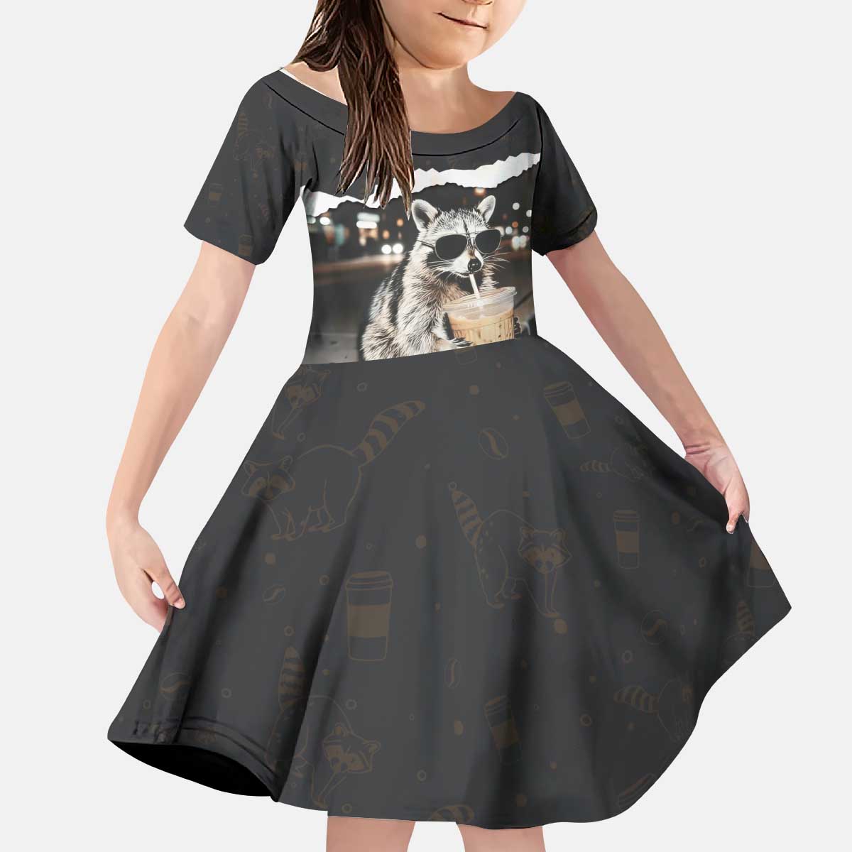 Cool Raccoon Drinking Iced Coffee Kid Short Sleeve Dress Funny Animal Meme Urban Night Photography