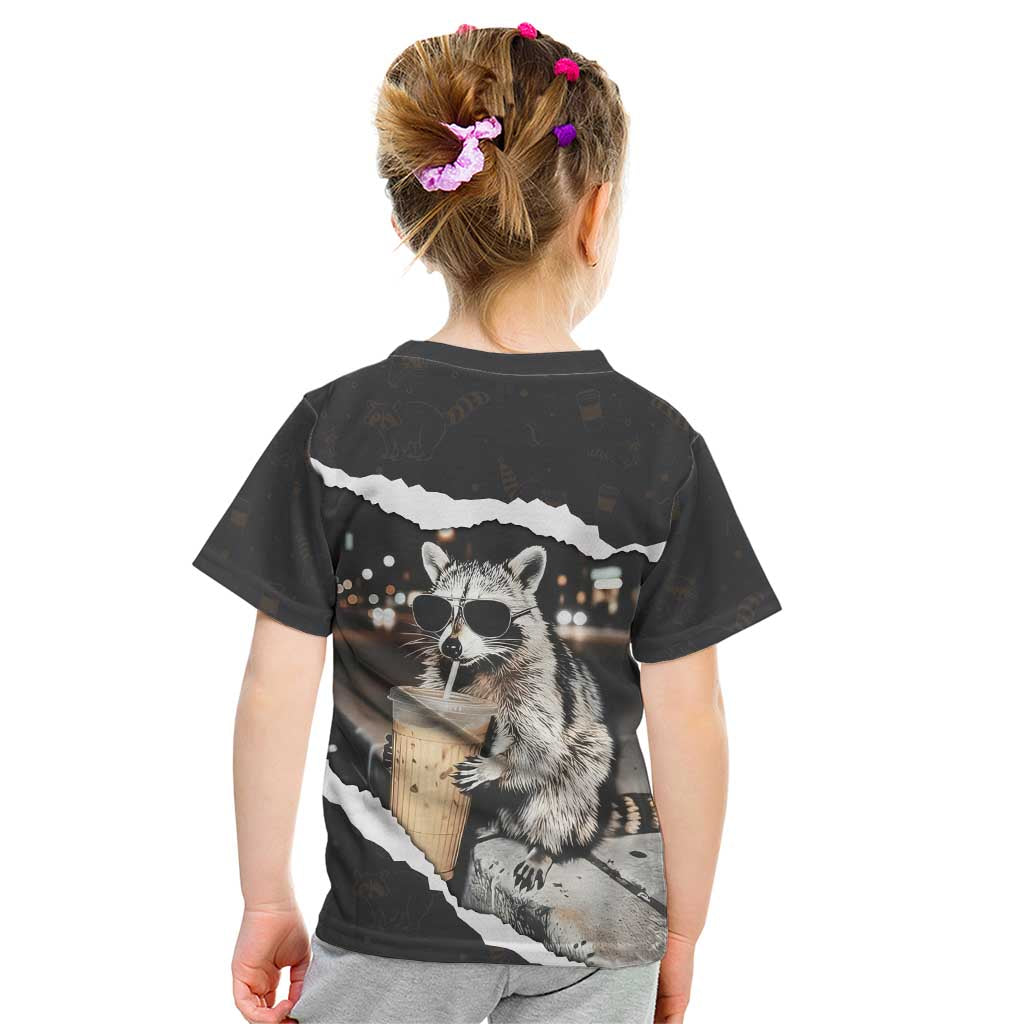 Cool Raccoon Drinking Iced Coffee Kid T Shirt Funny Animal Meme Urban Night Photography