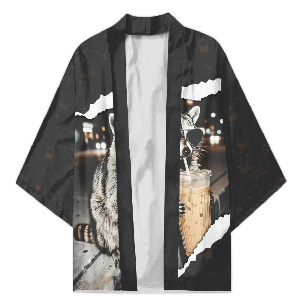 Cool Raccoon Drinking Iced Coffee Kimono Funny Animal Meme Urban Night Photography