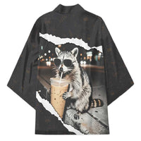 Cool Raccoon Drinking Iced Coffee Kimono Funny Animal Meme Urban Night Photography