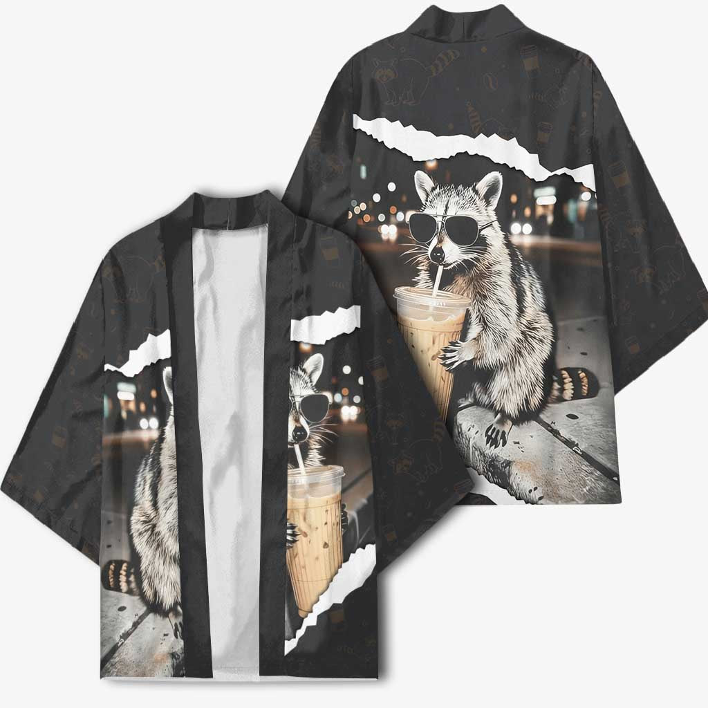 Cool Raccoon Drinking Iced Coffee Kimono Funny Animal Meme Urban Night Photography