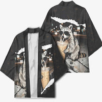 Cool Raccoon Drinking Iced Coffee Kimono Funny Animal Meme Urban Night Photography