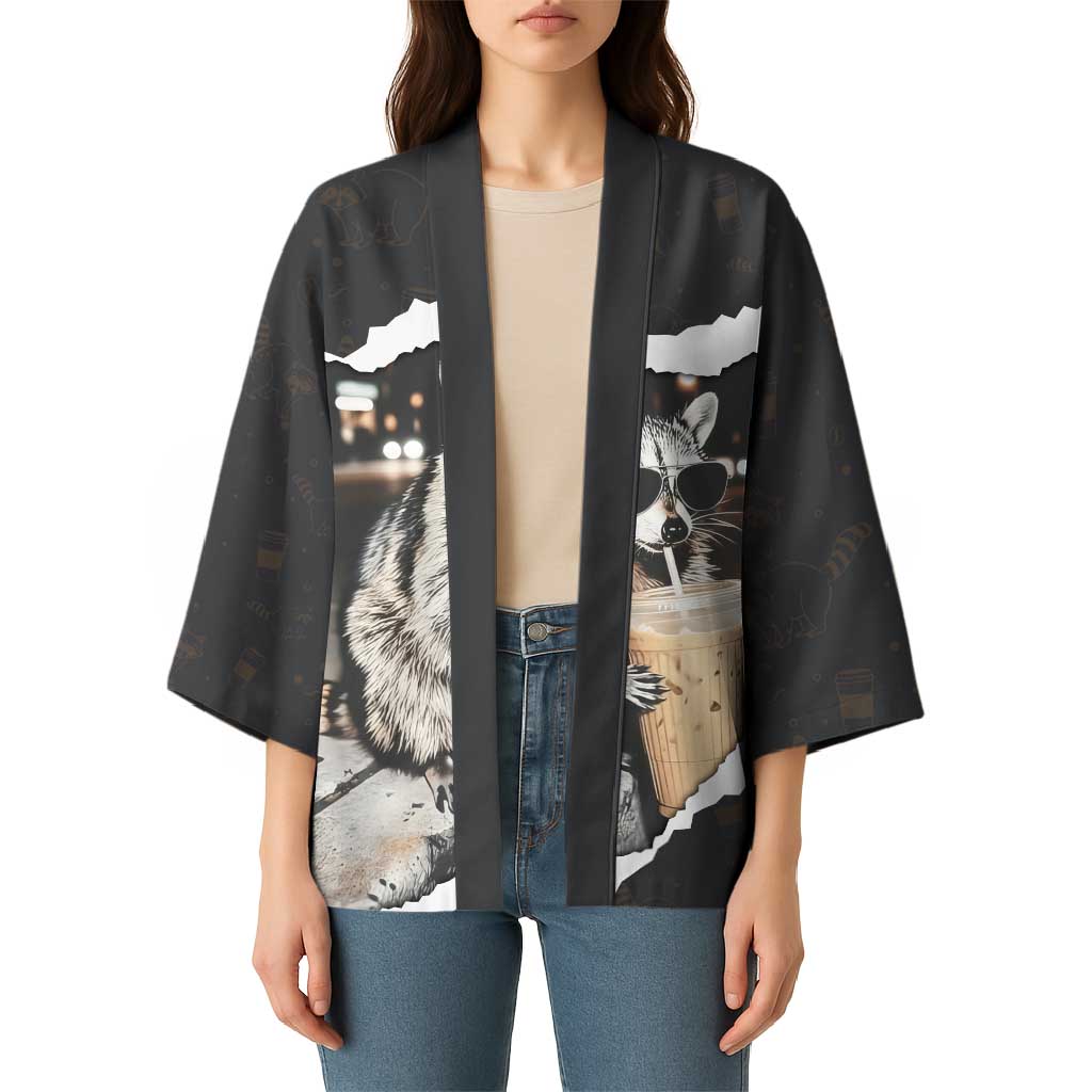 Cool Raccoon Drinking Iced Coffee Kimono Funny Animal Meme Urban Night Photography