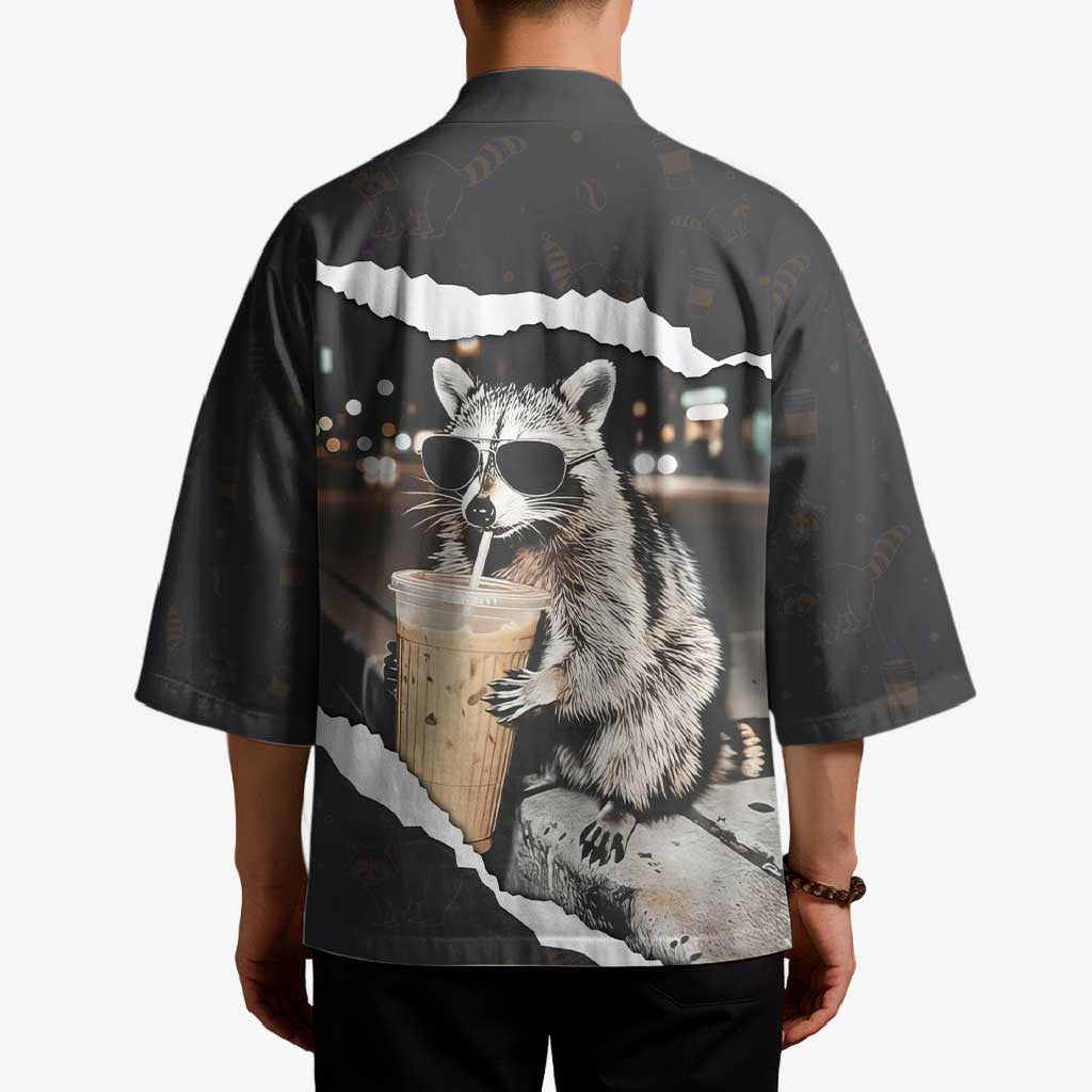 Cool Raccoon Drinking Iced Coffee Kimono Funny Animal Meme Urban Night Photography
