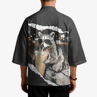 Cool Raccoon Drinking Iced Coffee Kimono Funny Animal Meme Urban Night Photography