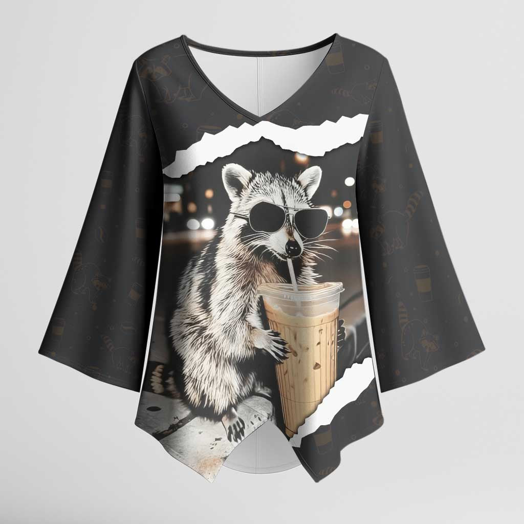 Cool Raccoon Drinking Iced Coffee Kimono Sleeve Blouse Funny Animal Meme Urban Night Photography