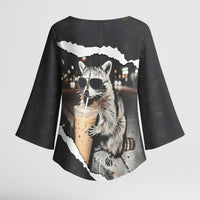 Cool Raccoon Drinking Iced Coffee Kimono Sleeve Blouse Funny Animal Meme Urban Night Photography