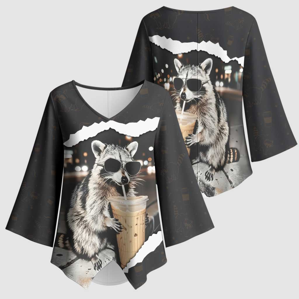 Cool Raccoon Drinking Iced Coffee Kimono Sleeve Blouse Funny Animal Meme Urban Night Photography