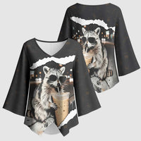 Cool Raccoon Drinking Iced Coffee Kimono Sleeve Blouse Funny Animal Meme Urban Night Photography