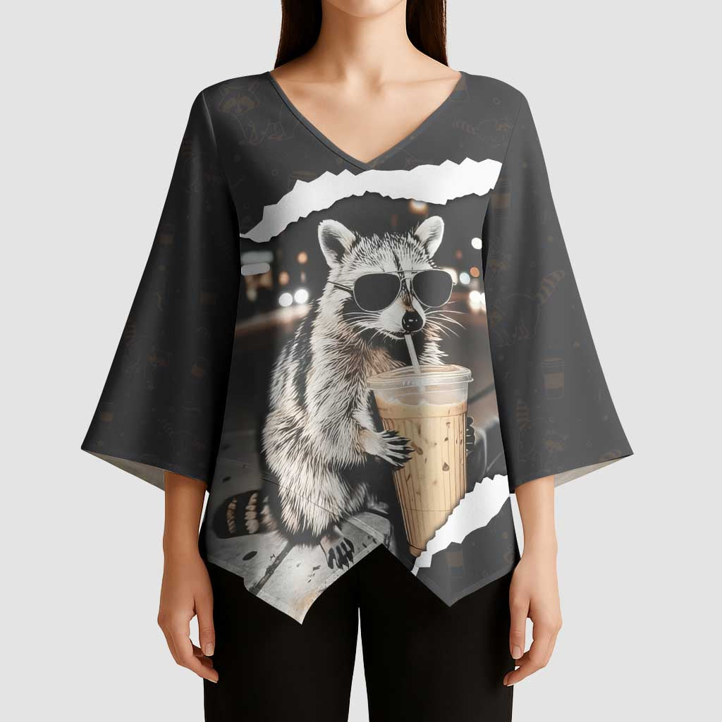 Cool Raccoon Drinking Iced Coffee Kimono Sleeve Blouse Funny Animal Meme Urban Night Photography