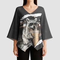 Cool Raccoon Drinking Iced Coffee Kimono Sleeve Blouse Funny Animal Meme Urban Night Photography