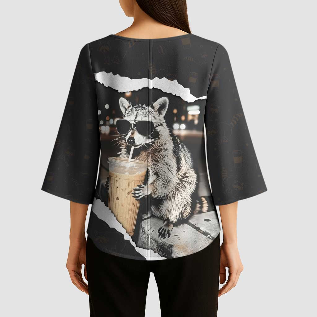 Cool Raccoon Drinking Iced Coffee Kimono Sleeve Blouse Funny Animal Meme Urban Night Photography