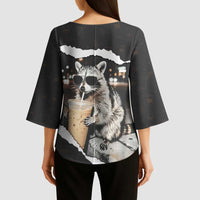 Cool Raccoon Drinking Iced Coffee Kimono Sleeve Blouse Funny Animal Meme Urban Night Photography