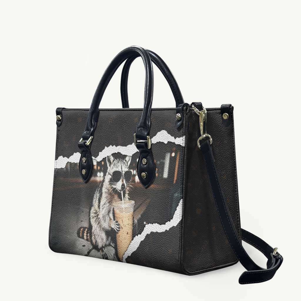 Cool Raccoon Drinking Iced Coffee Leather Bag Funny Animal Meme Urban Night Photography