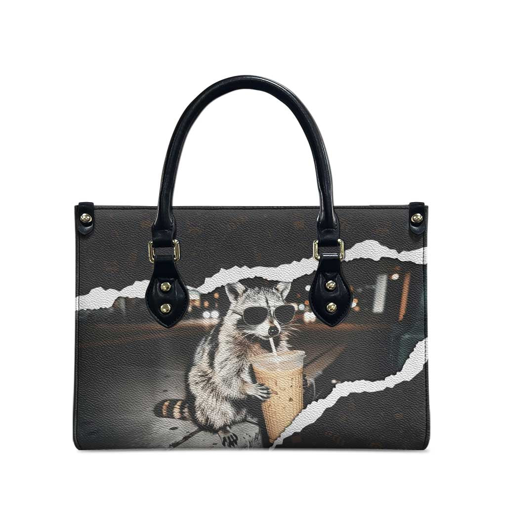 Cool Raccoon Drinking Iced Coffee Leather Bag Funny Animal Meme Urban Night Photography