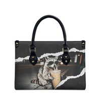 Cool Raccoon Drinking Iced Coffee Leather Bag Funny Animal Meme Urban Night Photography