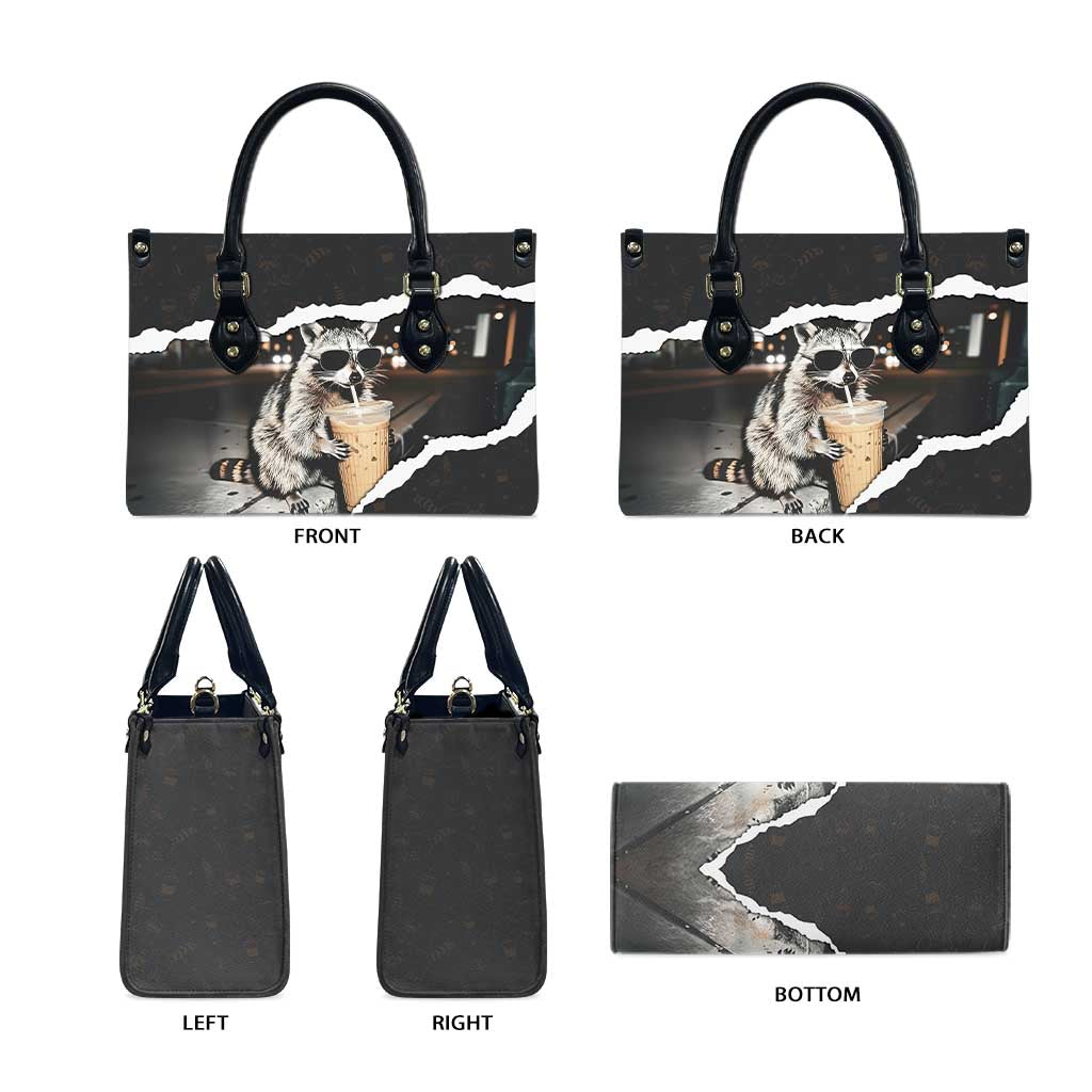 Cool Raccoon Drinking Iced Coffee Leather Bag Funny Animal Meme Urban Night Photography