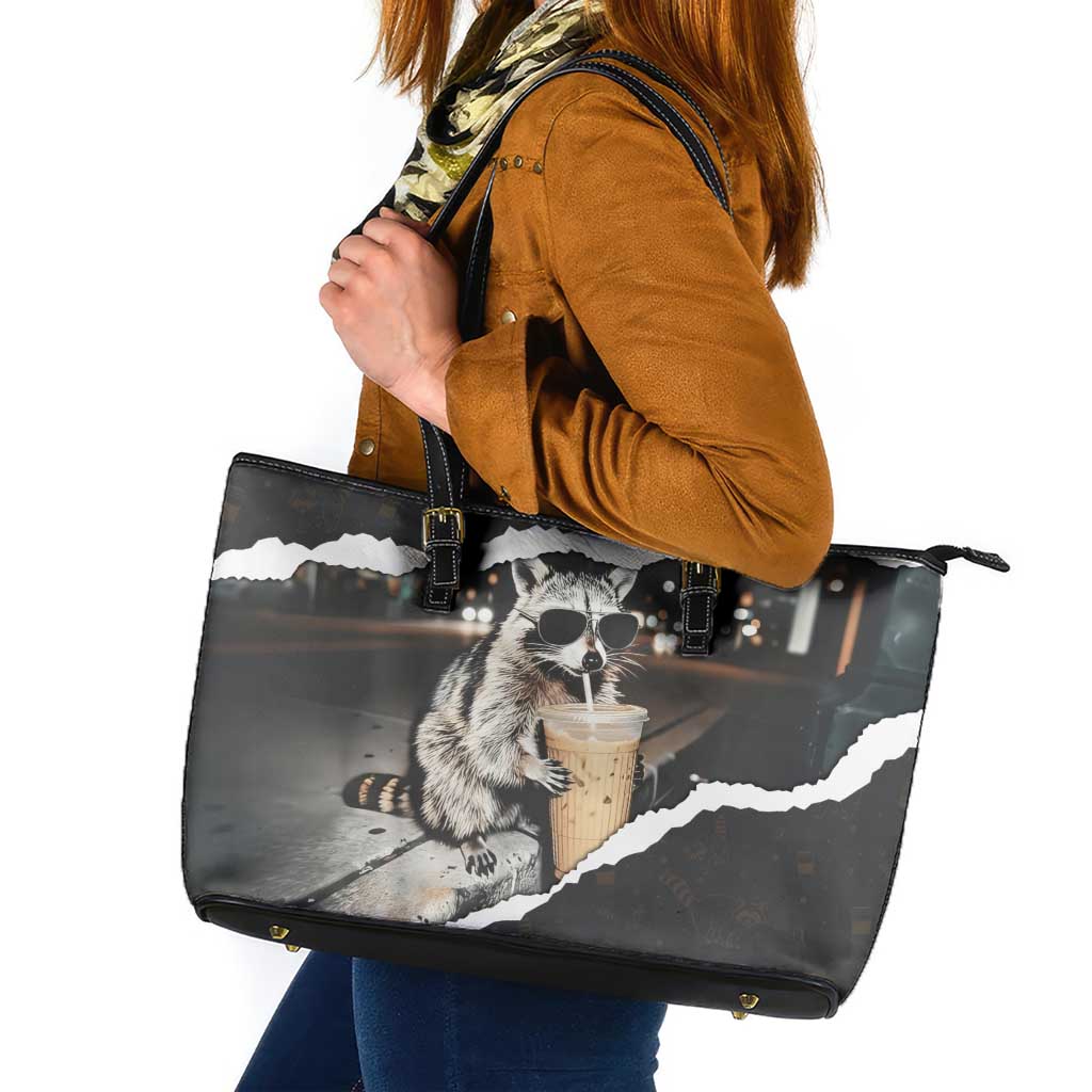 Cool Raccoon Drinking Iced Coffee Leather Tote Bag Funny Animal Meme Urban Night Photography