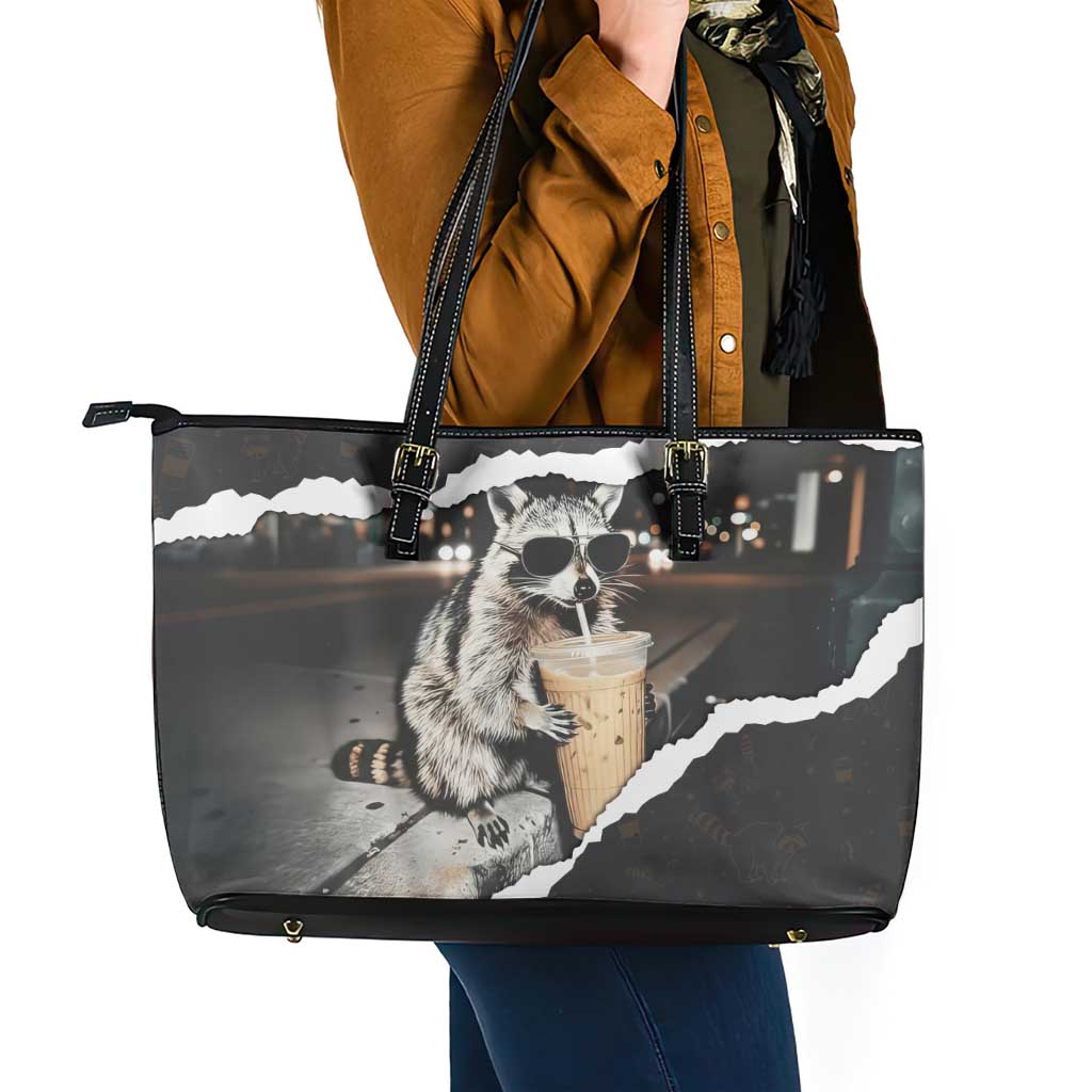 Cool Raccoon Drinking Iced Coffee Leather Tote Bag Funny Animal Meme Urban Night Photography
