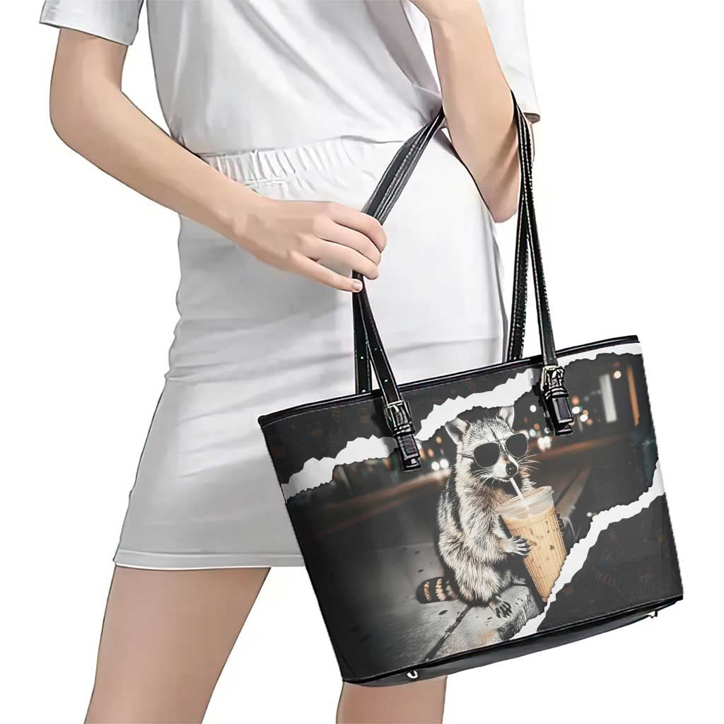 Cool Raccoon Drinking Iced Coffee Leather Tote Bag Funny Animal Meme Urban Night Photography