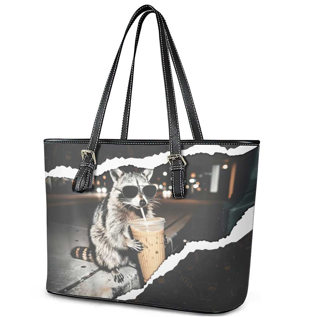 Cool Raccoon Drinking Iced Coffee Leather Tote Bag Funny Animal Meme Urban Night Photography