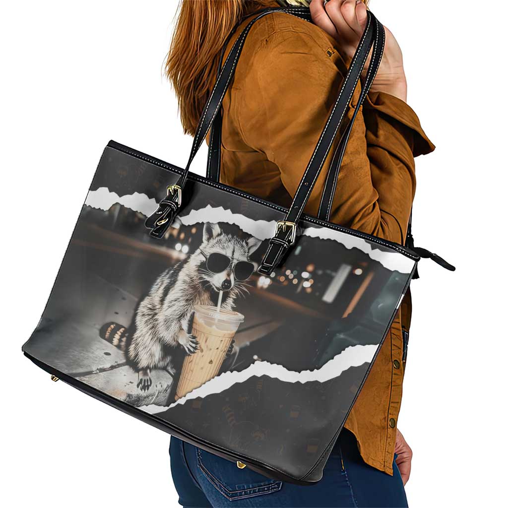 Cool Raccoon Drinking Iced Coffee Leather Tote Bag Funny Animal Meme Urban Night Photography