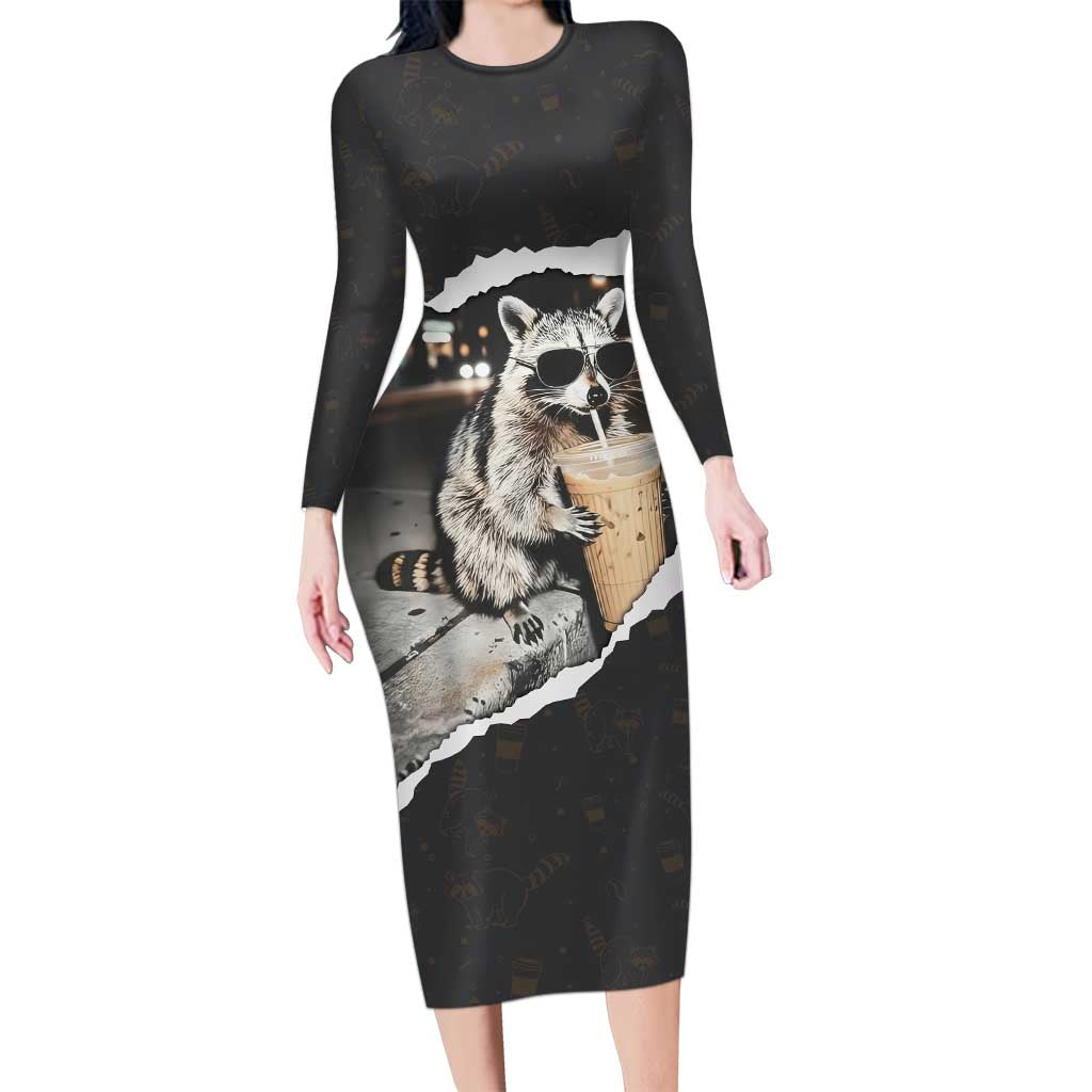 Cool Raccoon Drinking Iced Coffee Long Sleeve Bodycon Dress Funny Animal Meme Urban Night Photography