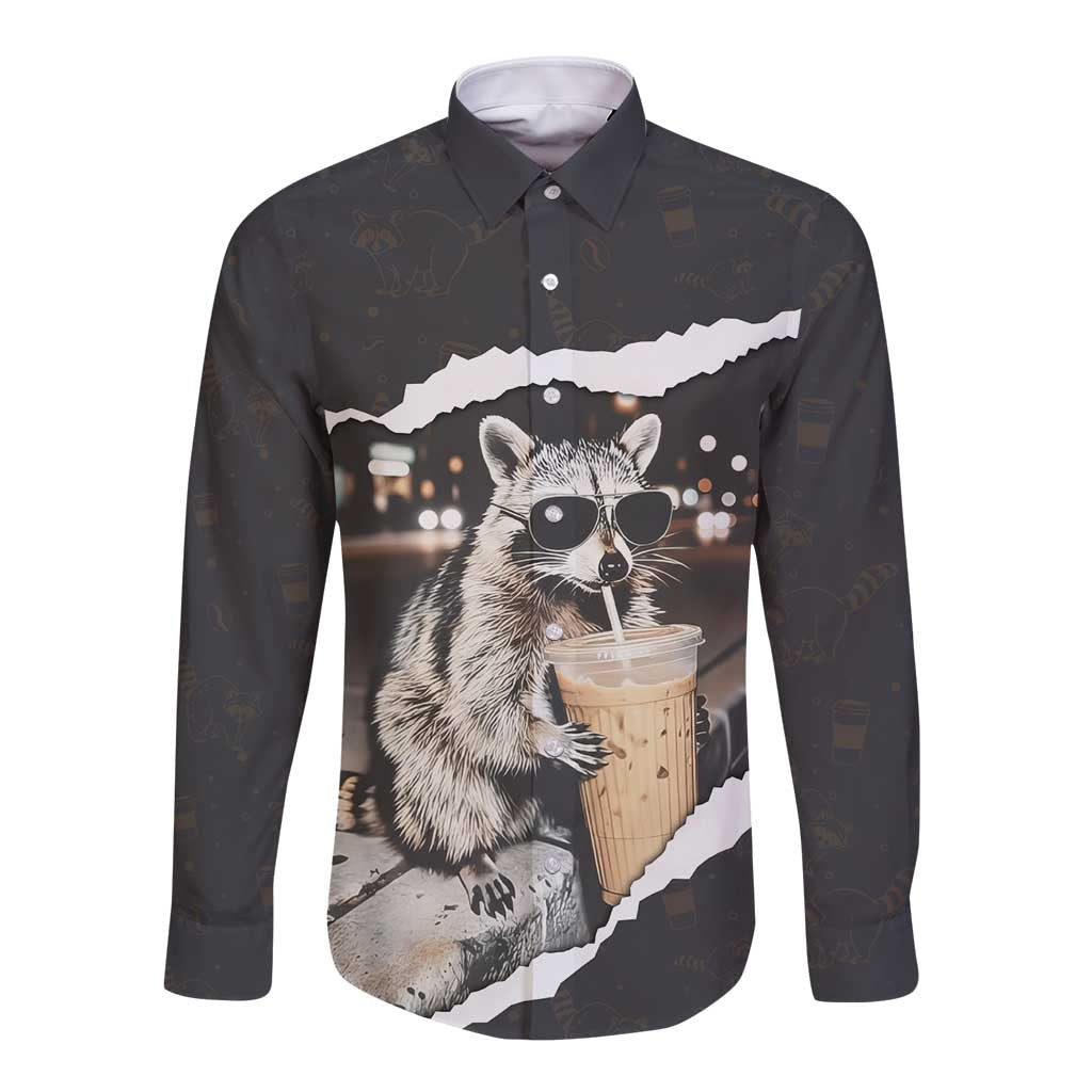 Cool Raccoon Drinking Iced Coffee Long Sleeve Button Shirt Funny Animal Meme Urban Night Photography