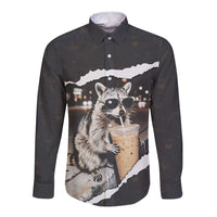 Cool Raccoon Drinking Iced Coffee Long Sleeve Button Shirt Funny Animal Meme Urban Night Photography
