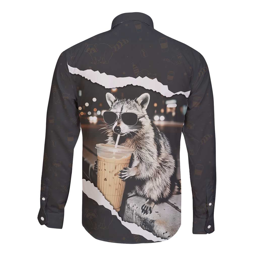 Cool Raccoon Drinking Iced Coffee Long Sleeve Button Shirt Funny Animal Meme Urban Night Photography