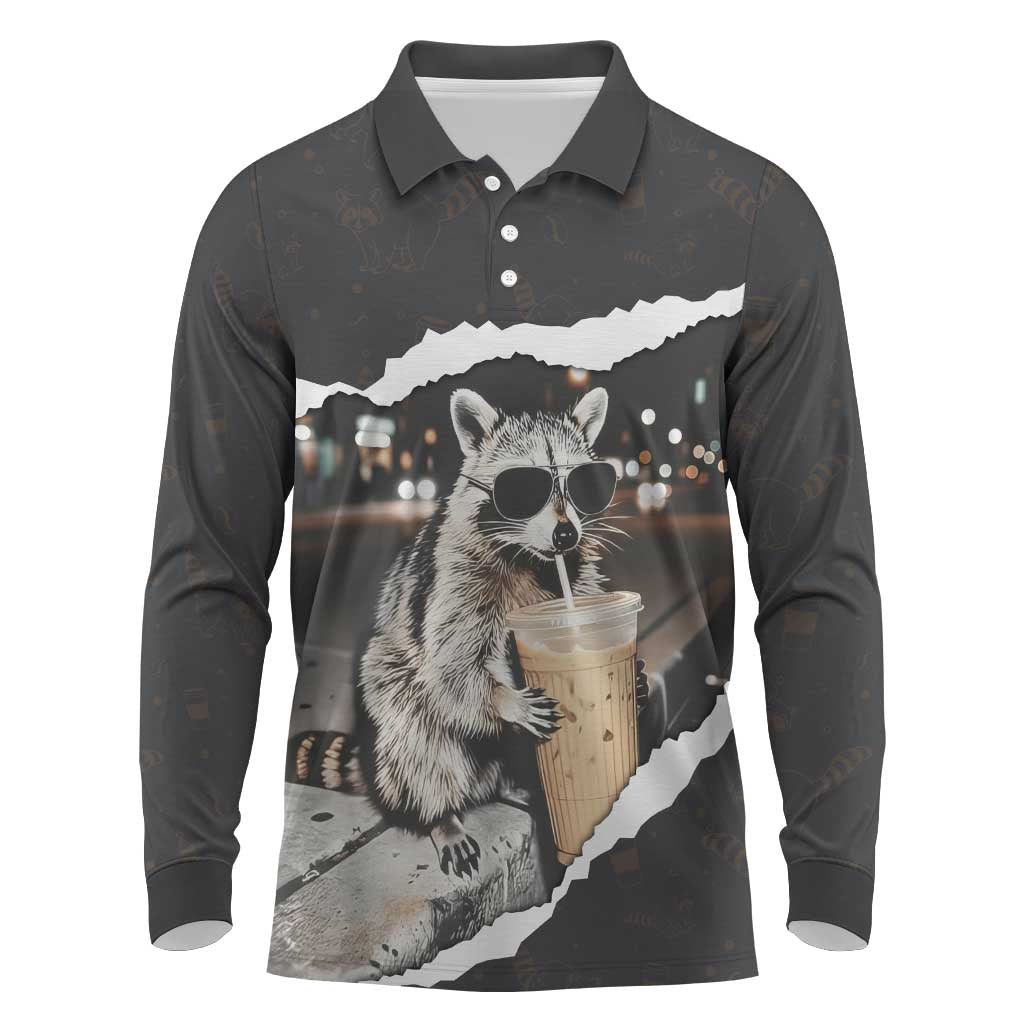 Cool Raccoon Drinking Iced Coffee Long Sleeve Polo Shirt Funny Animal Meme Urban Night Photography