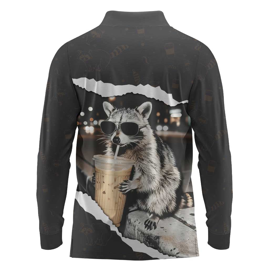Cool Raccoon Drinking Iced Coffee Long Sleeve Polo Shirt Funny Animal Meme Urban Night Photography