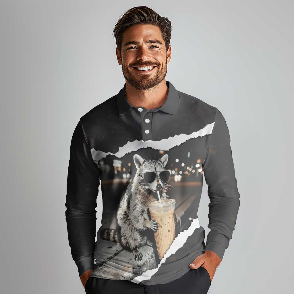 Cool Raccoon Drinking Iced Coffee Long Sleeve Polo Shirt Funny Animal Meme Urban Night Photography