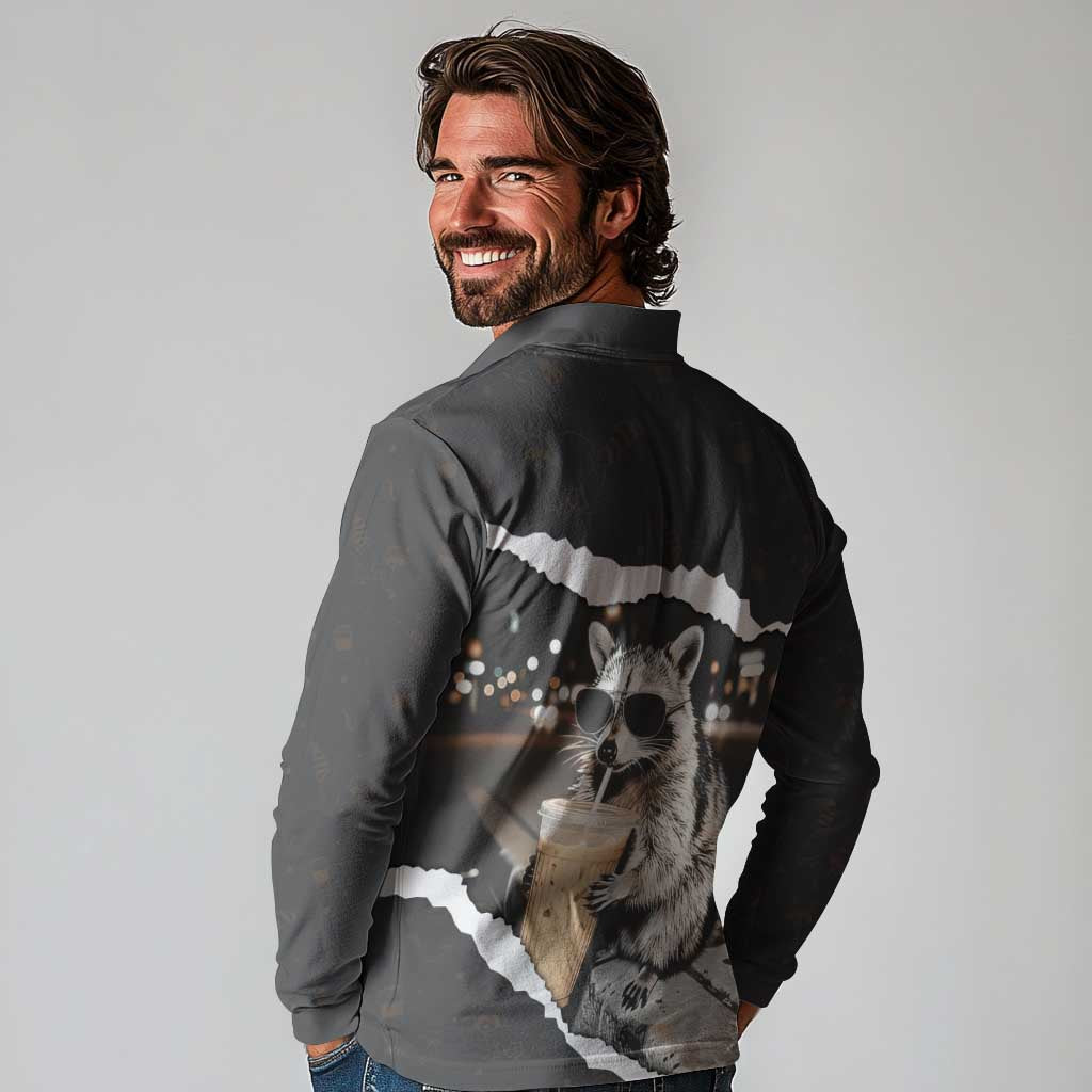 Cool Raccoon Drinking Iced Coffee Long Sleeve Polo Shirt Funny Animal Meme Urban Night Photography