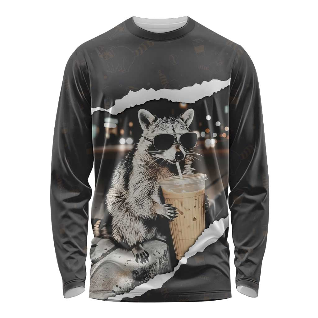 Cool Raccoon Drinking Iced Coffee Long Sleeve Shirt Funny Animal Meme Urban Night Photography
