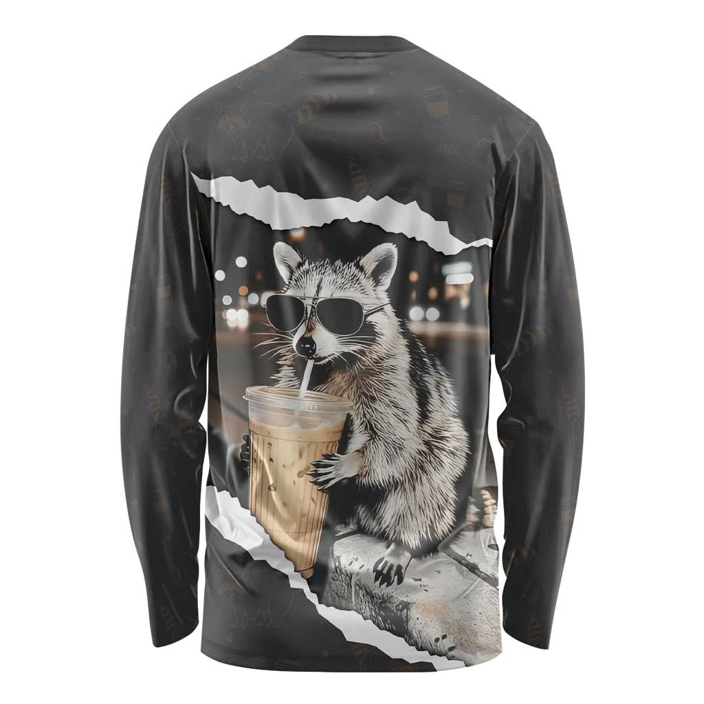 Cool Raccoon Drinking Iced Coffee Long Sleeve Shirt Funny Animal Meme Urban Night Photography