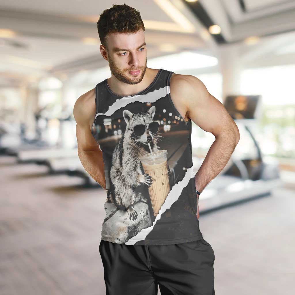 Cool Raccoon Drinking Iced Coffee Men Tank Top Funny Animal Meme Urban Night Photography