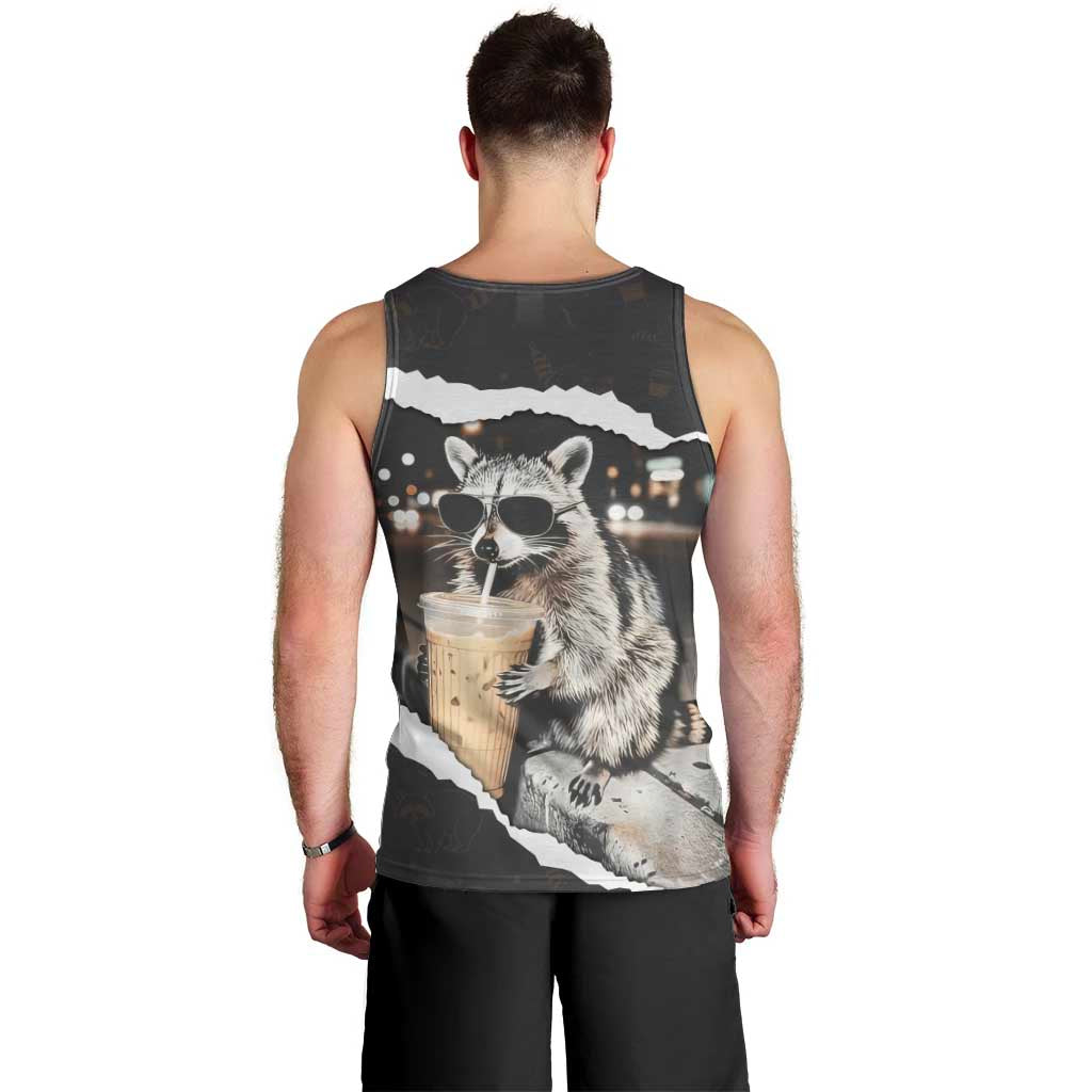 Cool Raccoon Drinking Iced Coffee Men Tank Top Funny Animal Meme Urban Night Photography