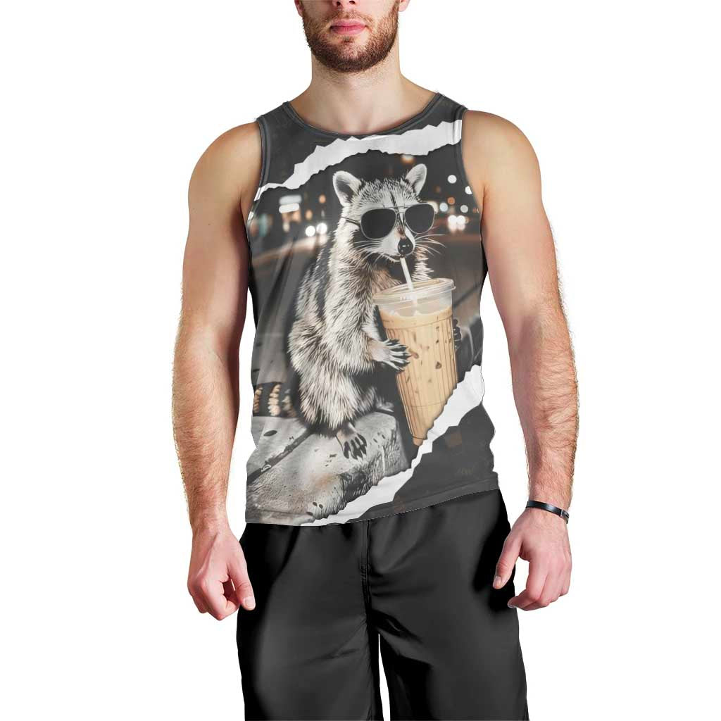 Cool Raccoon Drinking Iced Coffee Men Tank Top Funny Animal Meme Urban Night Photography