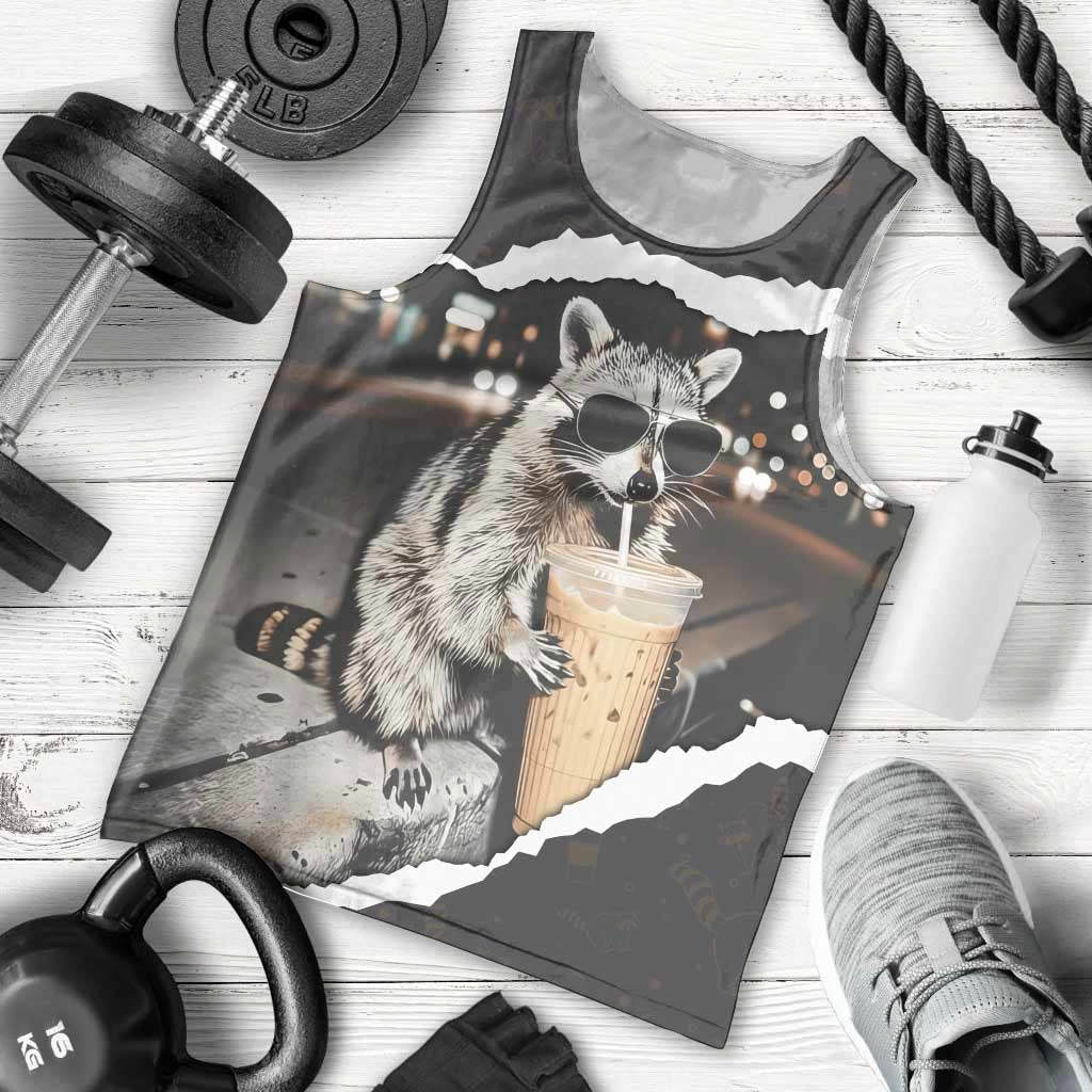 Cool Raccoon Drinking Iced Coffee Men Tank Top Funny Animal Meme Urban Night Photography