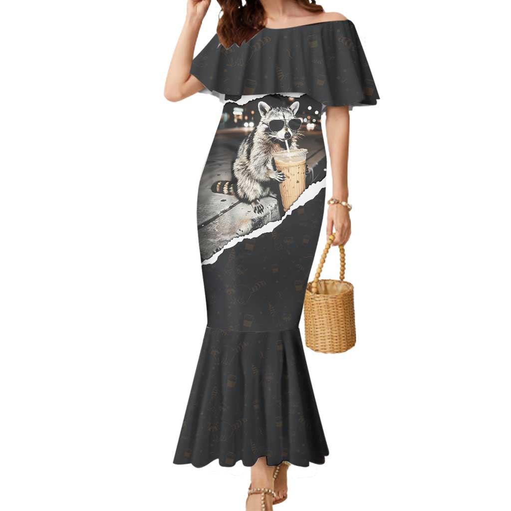 Cool Raccoon Drinking Iced Coffee Mermaid Dress Funny Animal Meme Urban Night Photography