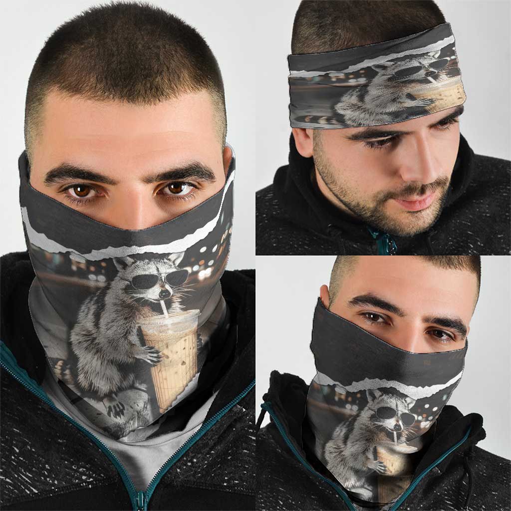 Cool Raccoon Drinking Iced Coffee Neck Gaiter Funny Animal Meme Urban Night Photography