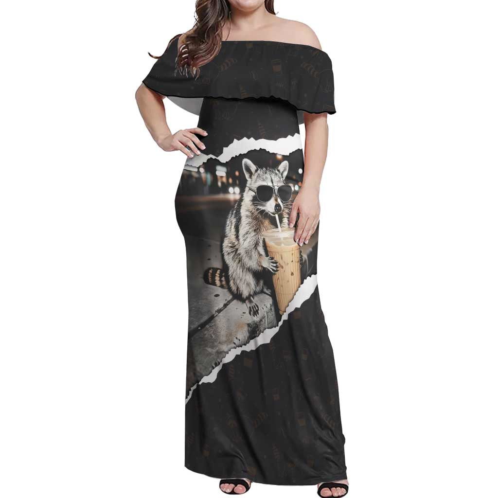 Cool Raccoon Drinking Iced Coffee Off Shoulder Maxi Dress Funny Animal Meme Urban Night Photography